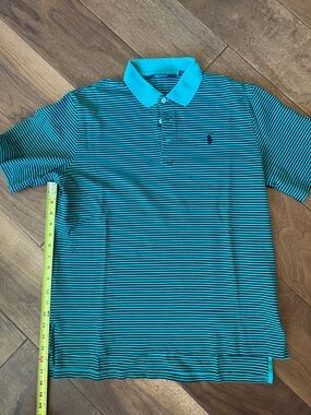 Men’s Striped Polo Shirt - Teal & Black - Polo Player Logo